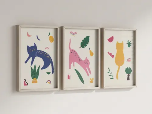 Kit 3 Quadros Decorativos Moldura Gato Minimalista