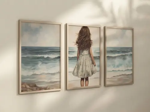 Kit 3 Quadros Decorativo Menina Praia Vintage Infantil