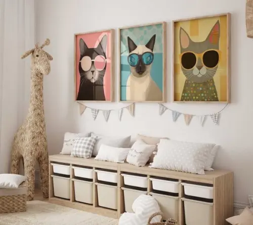 Kit 3 Quadros Decorativo Moldura Gato Arte Óculos