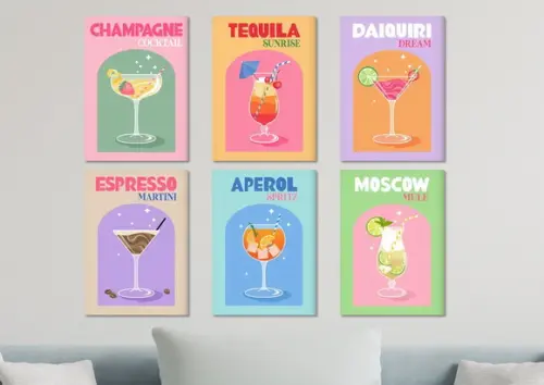 Kit 6 Placas Decorativas Quadro Drinks Bebidas Coquetel