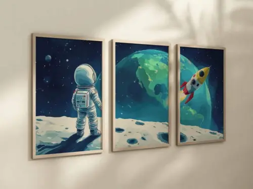 Kit 3 Quadros Decorativo Moldura Astronauta a Infantil A4