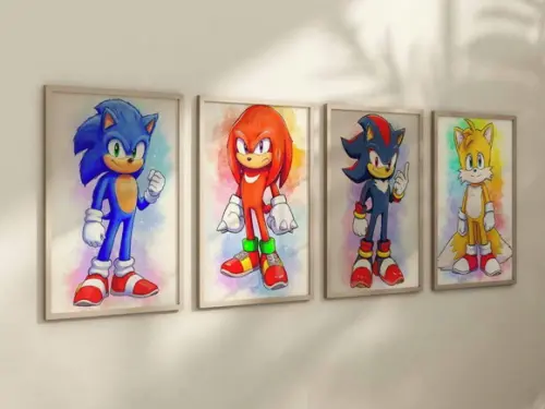 Kit 4 Quadros c/ Moldura Sonic Personagens Artes A4