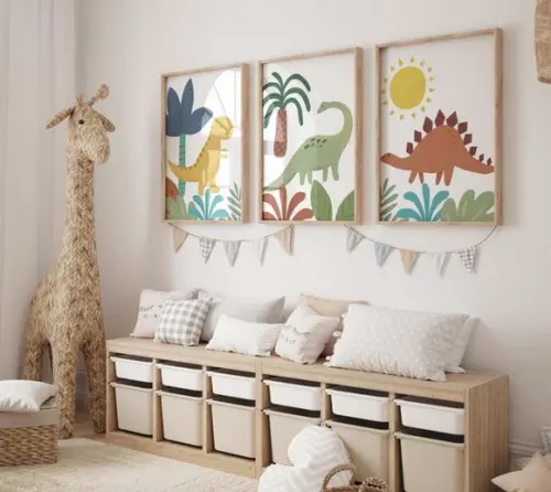 Kit 3 Quadros Decorativos Dinossauro Berçário A3 34x44