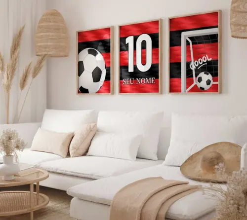 Kit 3 Quadros Decorativos Futebol Nome Vermelho Preto A3