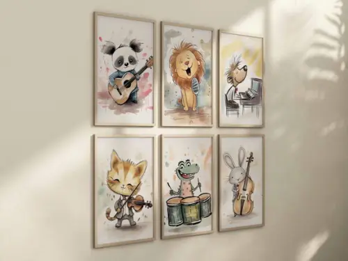 Kit 6 Quadros Decorativos Moldura Animais Musicais A4