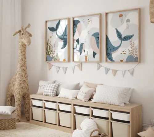 Kit 3 Quadros Decorativo Moldura Baleia Quarto Infantil Bebê
