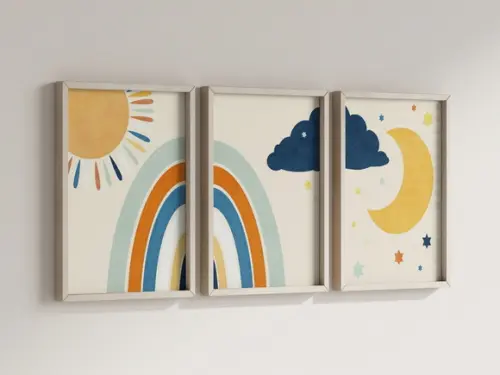 Kit 3 Quadros Boho Sol Lua Arco-iris Infantil Decorar