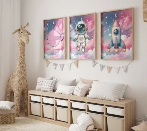 Kit 3 Quadros Decorativo Moldura Astronauta Menina A3