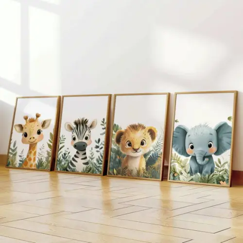 Kit 4 Quadros Decorativos Moldura Safari Infantil A3 34x44