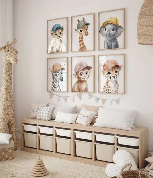 Kit 6 Quadros Decorativos Moldura Bebe Safari Animal Boné A3