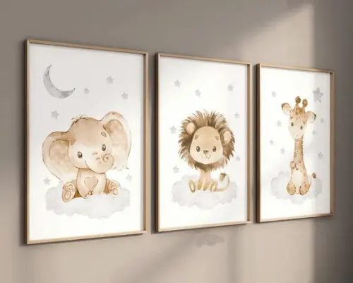 Kit 3 Quadros Decorativos Moldura Bebe Safari Animal Feliz c