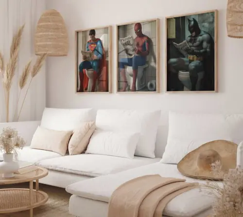 Kit 3 Quadros Decorativos Super-heróis Banheiro Engraçada A3