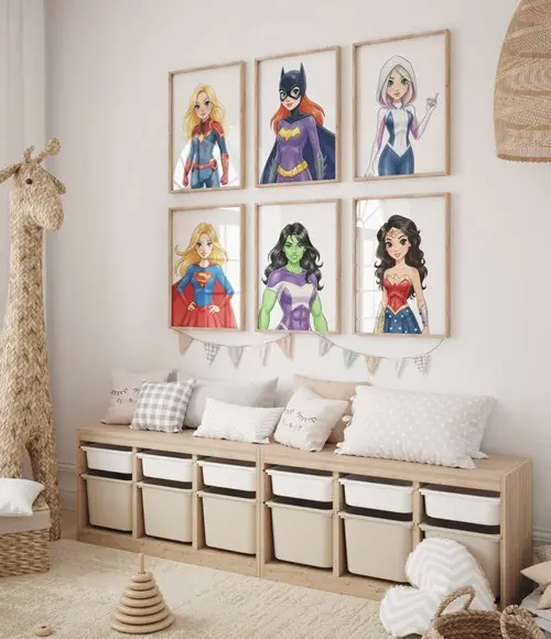 Kit 6 Quadros Decorativos Moldura Super-heroínas Menina A3