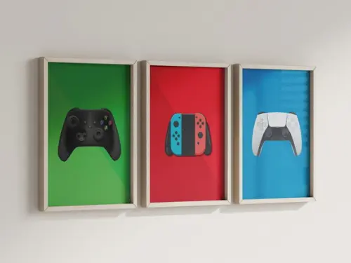 Kit 3 Quadros Decorativos Moldura Xbox Nintendo Play Control
