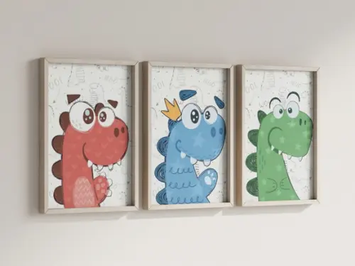 Kit 3 Quadros Decorativo Moldura Dino Baby Fofinho