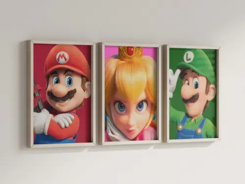 Kit 3 Quadros Decorativos Moldura Mario Filme Peach Luigi