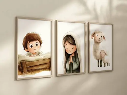 Kit 3 Quadros Decorativo Menino Jesus Virgem Maria A4 24x34
