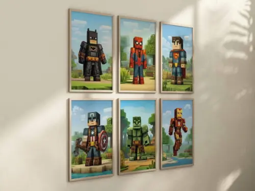 Kit 6 Quadros Decorativos Moldura Minecraft Super-heróis A4