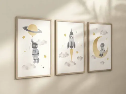 Kit 3 Quadros Decorativo Moldura Astronauta Infantil B