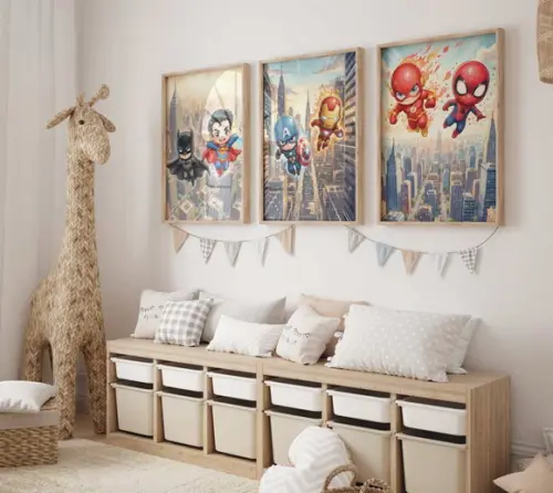 Kit 3 Quadros Decorativos Moldura Super-heróis Baby 34x44