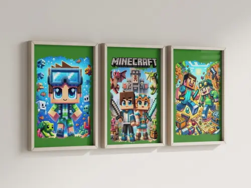 Kit 3 Quadros Decorativos Moldura Minecraft Decoração