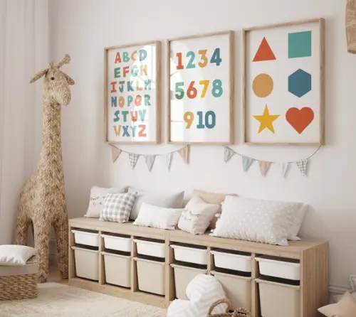 Kit 3 Quadros Decorativo Moldura Alfabeto Números Formas