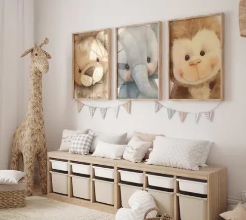 Kit 3 Quadros Decorativos Safari Pelúcia Rosto Berçário A3