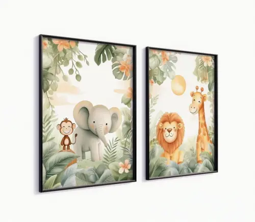 Kit 2 Quadros Decorativos Moldura Bebe Safari Animal Feliz