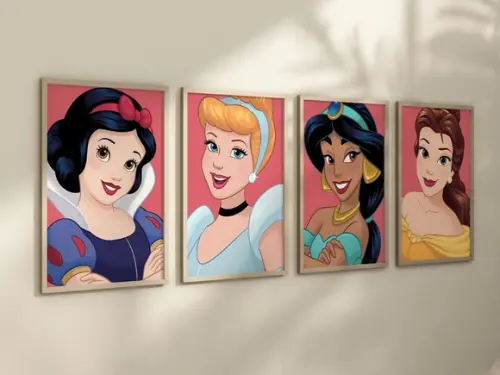 Kit 4 Quadros Decorativos Moldura Princesas A4