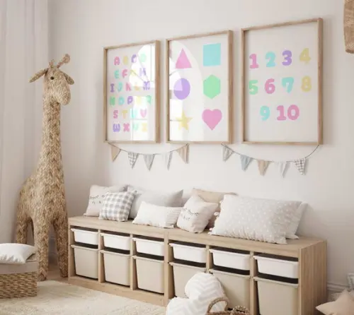 Kit 3 Quadros Moldura Alfabeto Números Formas Menina