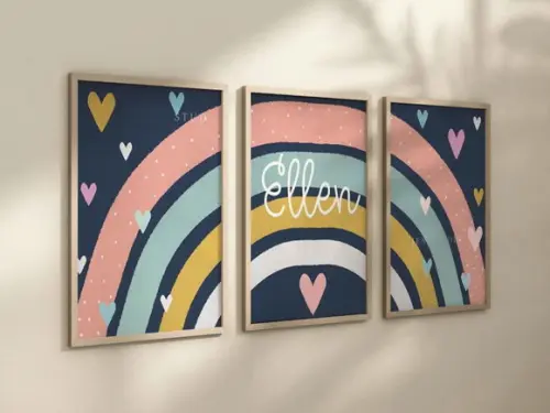Kit 3 Quadros Boho Arco-iris Coração Infantil Decorar Nome c