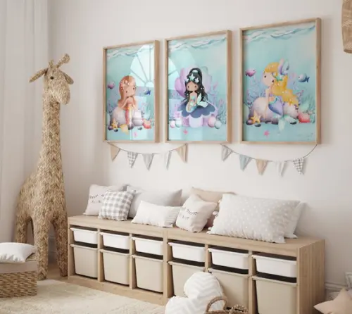 Kit 3 Quadros Decorativo Sereia Menina Infantil A3