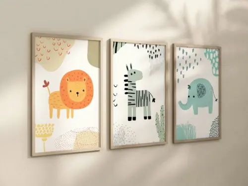 Kit 3 Quadros Decorativos Moldura Bebe Safari Berçário A4