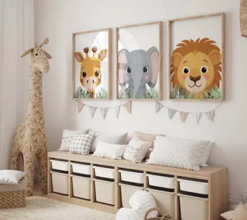 Kit 3 Quadros Moldura Bebe Safari Berçário A3 34x44