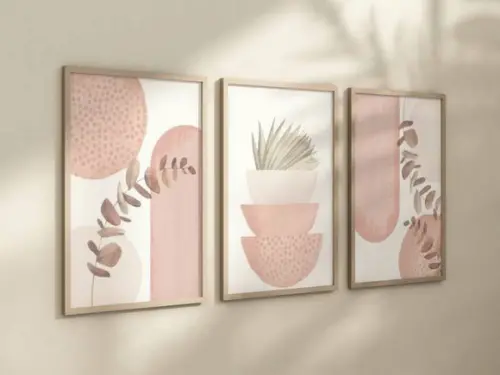 Kit 3 Quadros Decorativo Boho Rosa Minimalista A4