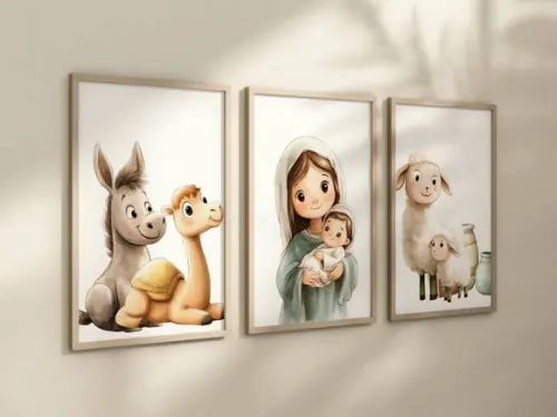 Kit 3 Quadros Decorativo Menino Jesus Virgem Maria A4 24x34