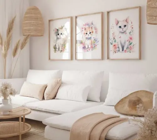 Kit 3 Quadros Decorativos Moldura Gato Flor B