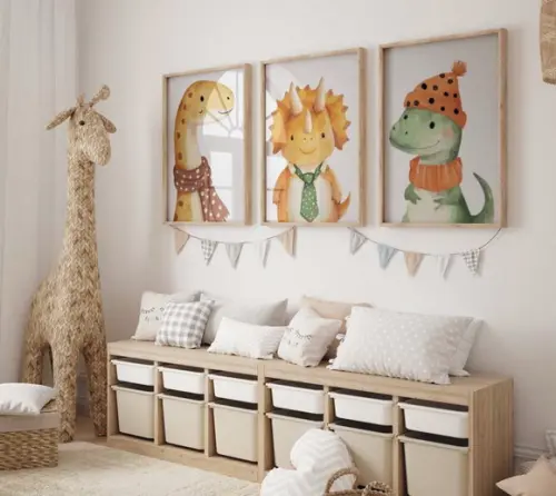 Kit 3 Quadros Decorativos Dinossauro Berçário A3 34x44