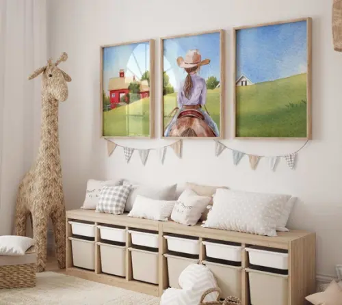 Kit 3 Quadros Decorativo Menina Aquarela Cavalo A3
