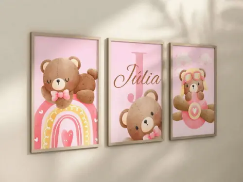 Kit 3 Quadros Decorativos Ursinha Rosa Arco Íris Avião A4