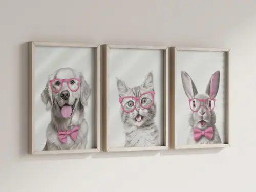 Kit 3 Quadros Decorativo Moldura Cachorro Gato Coelho Óculos