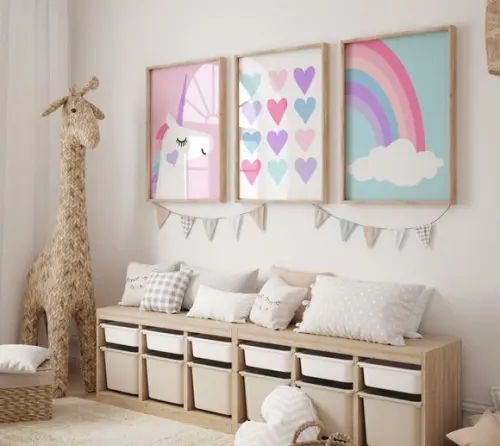 Kit 3 Quadros Decorativo Unicórnio Corações e Arco-íris A3