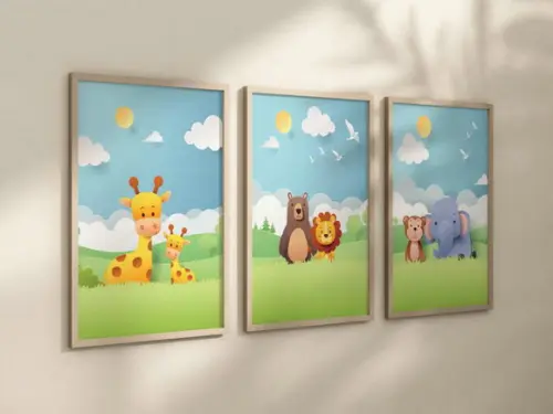 Kit 3 Quadros Decorativos Moldura Bebe Safari Paisagem A4