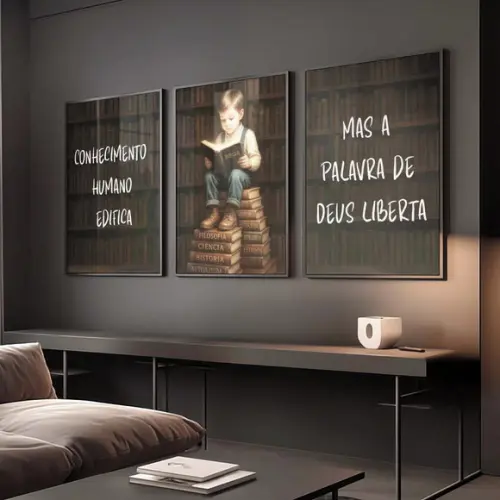 Kit 3 Quadros Decorativo Menino Lendo a Bíblia A2 40x60