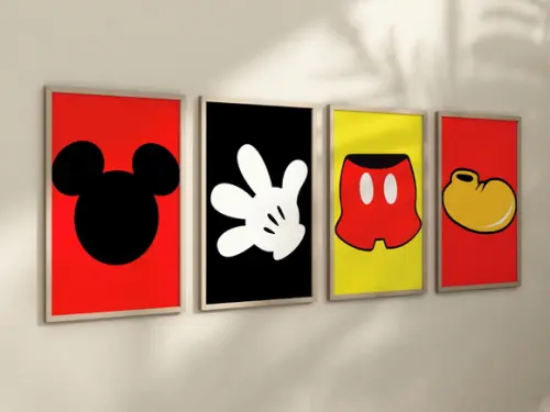 Kit 4 Quadros Decorativos Moldura Mickey Minimalista