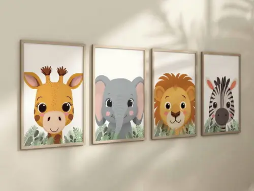 Kit 4 Quadros Decorativos Moldura Bebe Safari Berçário