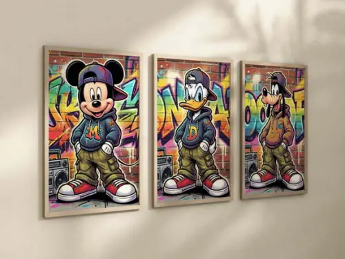 Kit 3 Quadros Decorativo Mickey Donald Pateta Urbano A4
