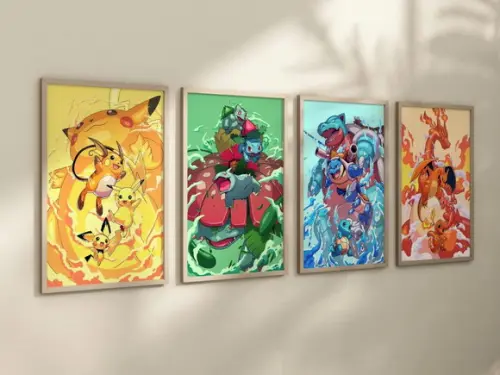 Kit 4 Quadros Decorativos Moldura Pokémon Evolução A4