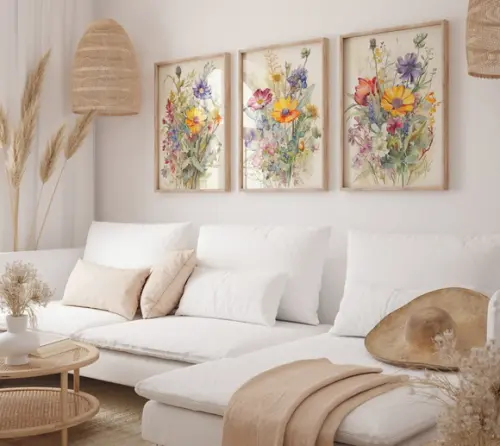 Kit 3 Quadros Decorativo Moldura Flores em Aquarela A3 D