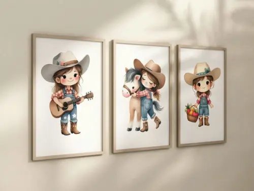 Kit 3 Quadro Decorativo Moldura Menina Fazendinha Cowgirl A4